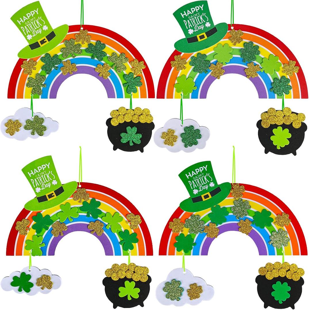 Winlyn 12 Sets St. Patrick's Day Decorations Rainbow Ornaments DIY St. Pat's Craft Kits Rainbow Four-Leaf Clover Irish Lucky Shamrock Foam Stickers for Kids Party Classroom Home Activity Art Project