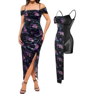 Popilush Womens Shapewear Maxi Dress Multi Way Wear Off The Shoulder Bodycon Long Cocktail Formal Dresses, Small