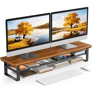 Dual Monitor Stand, 35.4 Inch Monitor Stand Riser for 2 Monitors, 2 Tiers Wood Desk Shelf with Storage, Desktop Organizer Stand for Computer, Laptop, Printer, TV (Walnut, 35.4in)