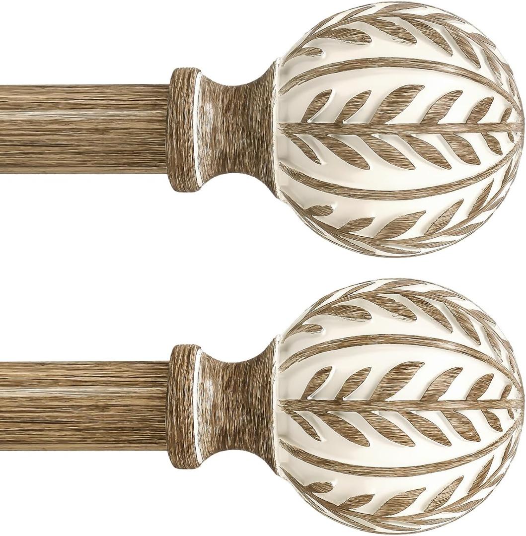 QDWIS 2 Pack Boho Wood Curtain Rods for Windows 28 to 48 inch, 1" Adjustable Heavy Duty Window Curtain Rod with Imitation Wood Grain Finials, Rustic Decorative Drapery Rods Set 18-60'', Weathered Wood
