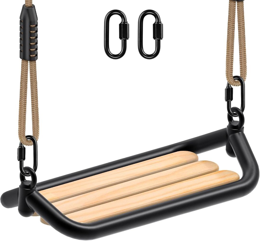 SELEWARE Hanging Wood Swing Seat Tree Swing for Kids, 100% Polyester Weather Proof Rope Heavy Duty Steel Tubing Structure Backyard Swing Set Replacement (Black)