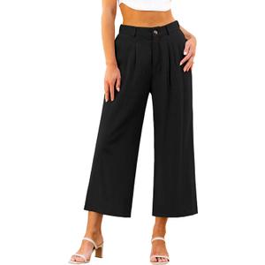 GRAPENT Wide Leg Capri Pants for Women High Waisted Linen Flowy Pleated Capris Cropped Trousers Pants Dressy Casual (S)