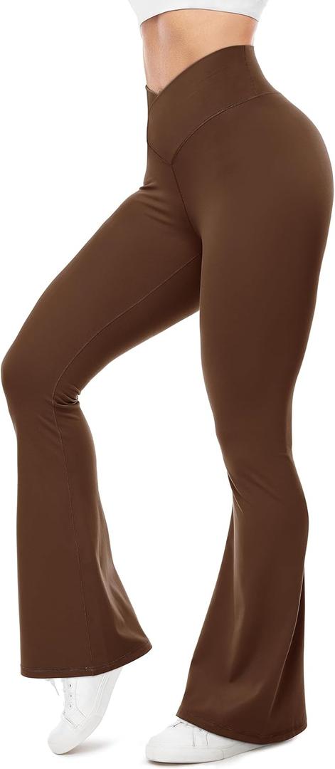 UEU Flare Leggings for Women with Tummy Control, V Crossover High Waisted Yoga Pants, Bootcut Wide Leg, 29-33" Inseam (Medium, Dark Coffee)