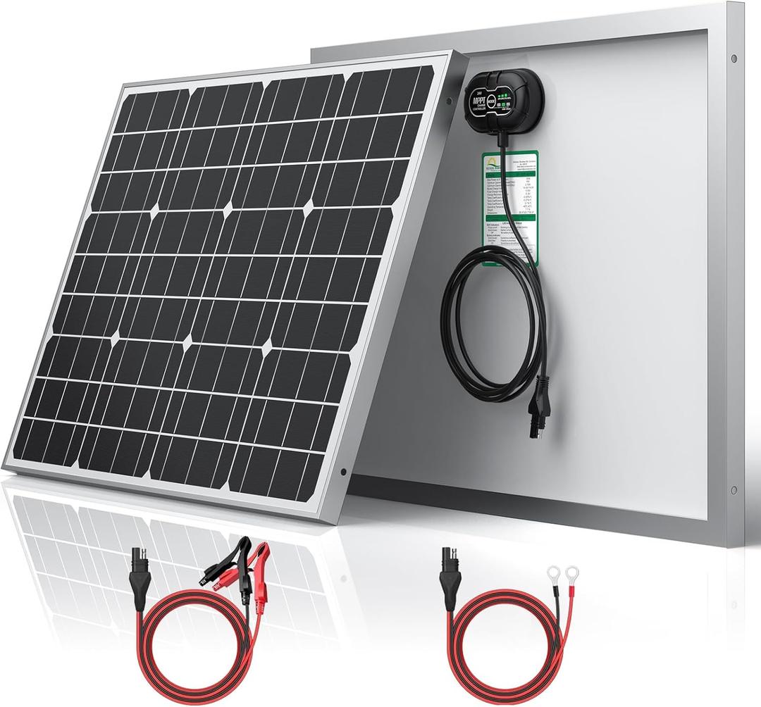 SUNER POWER 24V 50W Solar Battery Charger Maintainer, Built-in Ultra Smart MPPT Charge Controller, Waterproof 50 Watt Solar Panel Trickle Charging Kit for 24Volt AGM, Lead-Acid, Lifepo4 Battery