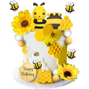 17 PCS Bee Cake Topper Happy bee day Cake Topper Honeycomb Sunflower Cake Decoration for Honeycomb Theme Birthday Party Supplies