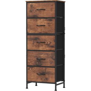 DUMOS Nightstand with 5 Fabric Drawers, Skinny Dresser | Night Stand Bedside Table, Removable Bins, Sturdy Steel Frame Wood Top, Storage Tower for Bedroom Closet, Rustic Brown