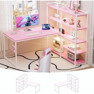 Pamray L Shaped Computer Desk with Reversible Side Storage Shelves, 49 Inch Gaming Desk with Power Outlets and Led Lights, PC Table for Home Office and Bedroom Pink