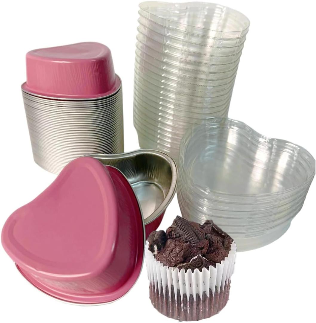 Heart Shaped Mini Cake Pans, 50-Pack Disposable Aluminum Foil | Small Baking Tins with Lids for Cupcakes & Loaves, Ideal for Valentine's, Mother's Day, Weddings & Birthdays (3.4oz/100ml Capacity)