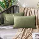 MIULEE Pack of 2 Decorative Outdoor Solid Waterproof Throw Pillow Covers Faux Linen Garden Farmhouse Cushion Cases for Patio Tent Balcony Couch Sofa 20x12 Inch Dark Green