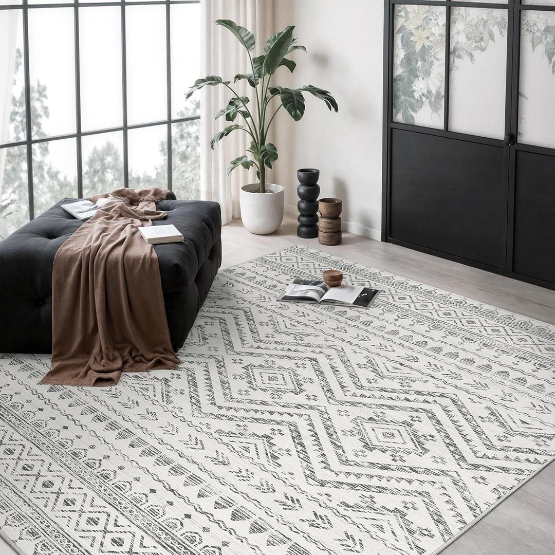Miukiki 6x9 Area Rug for Living Room Moroccan Washable Rugs Non Slip Indoor Floor Carpet Foldable Large Soft Area Rug for Dining Room Bedroom with Low Pile(Grey,6'x9')