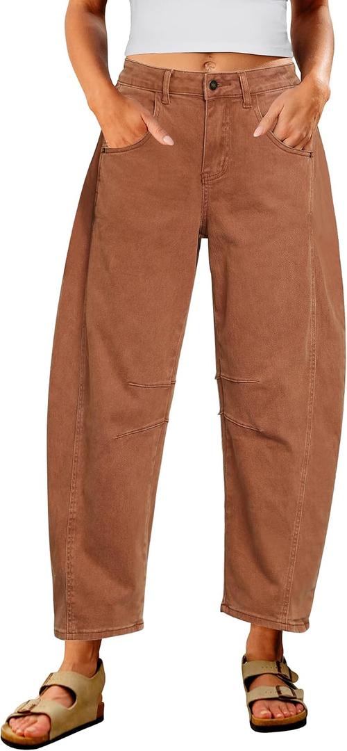 Utyful Barrel Jeans Women Cropped Baggy Trendy High Waisted Distressed Loose Stretch Denim Trouser Jeans with Pockets, Size: Medium