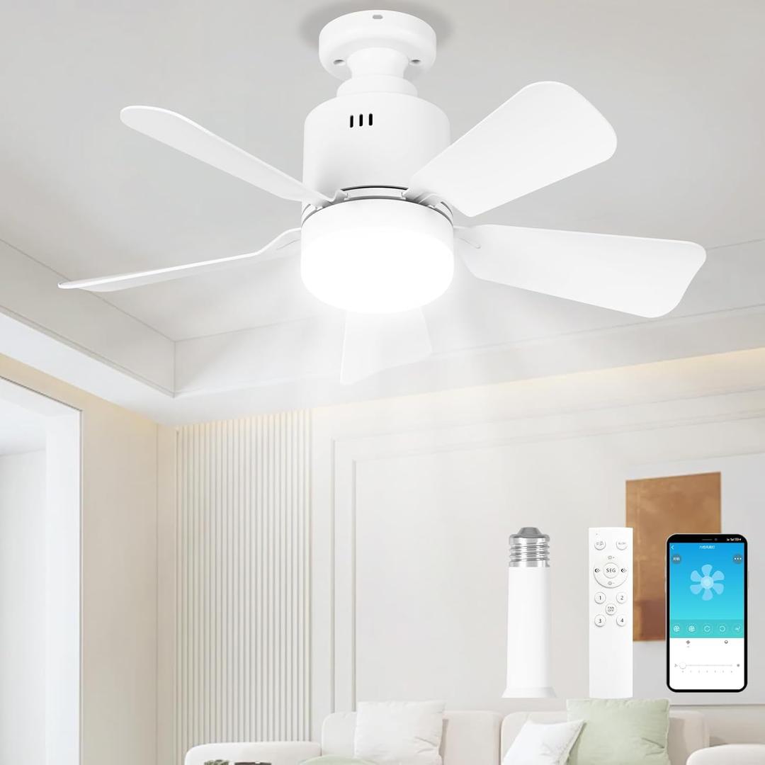 LANMEL Socket Fan Light with Remote & APP, 17.7'' Socket Breeze Ceiling Fan with Socket Extender, 3 Colors LED Light Bulb, Screw in Small Ceiling Fan for Bedroom Living Room Kitchen Garage (White)