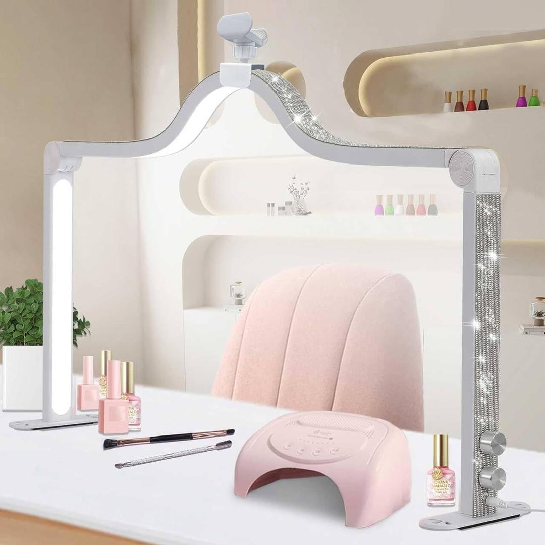 Half Moon Light for Nail Desk, 34.5In Foldable Square Nail Tech Lamp, 3000-6000K Dimmable Half Moon Nail Light for Manicure, Lash Eyelash Extension, Tattoo, Eyebrows, Crafts (White, A)