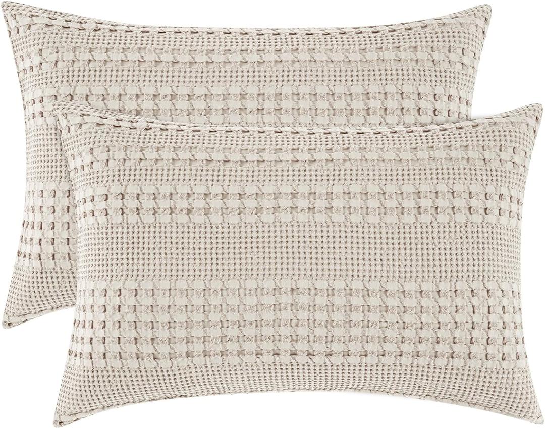 PHF 100% Cotton Waffle Pillow Shams King Size, 2 Pack 20" x 36" Soft Skin-Friendly Pillowcases, No Filling, Aesthetic Woven and Breathable Waffle Weave Pillow Case Covers for Bed, Oatmeal