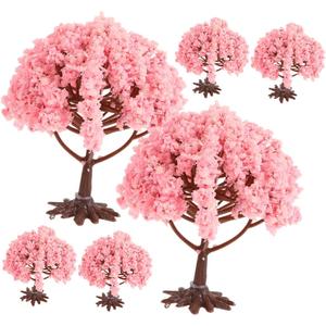 6pcs Miniature Cherry Trees with Base High Simulation Sand Table Model Plants for Mini Landscape Decoration Artificial Light Pink Flower Scenery for Dollhouse Garden