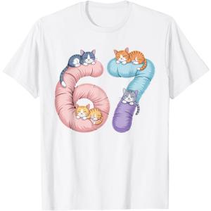 Cute 67 Cat Meme Design T-Shirt, Size M, White