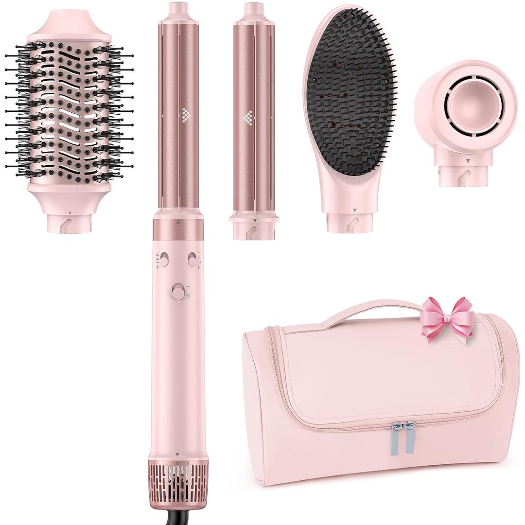 Dual Voltage Hair Dryer Brush - 5 in 1 Hair Air Wrap Styler with High-Speed Blow Dryer, Drying, Straightening & Volumizing with Negative Ion Anti-frizz for 110V-120V/220V-240V Europe and Travel Case (Pink)