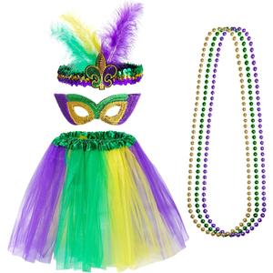 Sucrain 6PCS Mardi Gras Costume Accessories Set Women Tutu Skirt, Faux Feather Headband, Mask, 3PCS Beads for Women Carnival Party Outfit Supplies