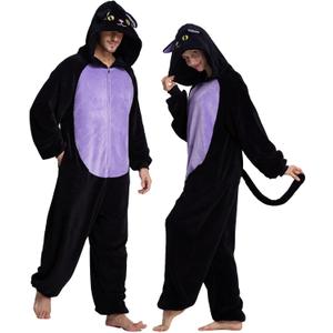 Unisex Adult Onesie Pajamas Animal Cosplay Halloween Costume One Piece Plush Sleepwear Homewear (Black Cat) XL