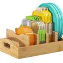 Bambition Bamboo Food Container Lids Organizer for Cabinet and Pantry, Wood Lids Holder with 5 Adjustable Dividers