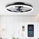 STERREN 20'' Modern Low Profile Ceiling Fan with Light, Bedroom LED Ceiling Fan with Remote Control, Bladeless Flush Mount Black Fan Lights Ceiling Fixtures for Living Room,Small Room, 19.7 inch