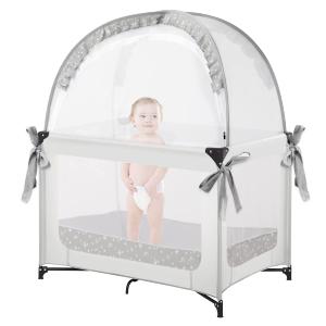Pack and Play Tent, Crib Tent to Stop Baby from Climbing Out, Baby Safety Tent Cover for Pack N Play, Mini Cribs & Playpen, Pop Up Crib Net Against Falls (39.6" L x 27.6" W x 49.2" H) (Gray+stars)