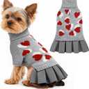 Valentines Dog Sweater Dress, Comfy Warm Dog Sweaters for Small Dogs Girl, Soft Turtleneck Sweater with Leash Hole and Heart Pattern (S, Grey)