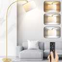 Arc Floor Lamps for Living Room, Modern Remote Control Standing FLamp with Stepless Dimmable, Gold Tall Lamp with White Drum Shade,Over Couch Arched Reading Light for Bedroom, Office(Bulb Included)