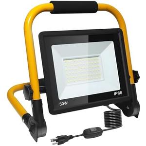 50W LED Flood Work Light 5500LM, 5000K Portable Construction Light with 16.5FT Cord & Switch, Adjustable Stand for Garage Workshop Job Site Repair, IP66 Waterproof