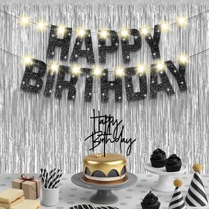 KatchOn, Black and Silver Birthday Decorations Set - Pack of 5 | Glitter Happy Birthday Banner, Silver Backdrop, Led Light, Cake Topper | Happy Birthday Decorations for Men, Women, Girls and Boys