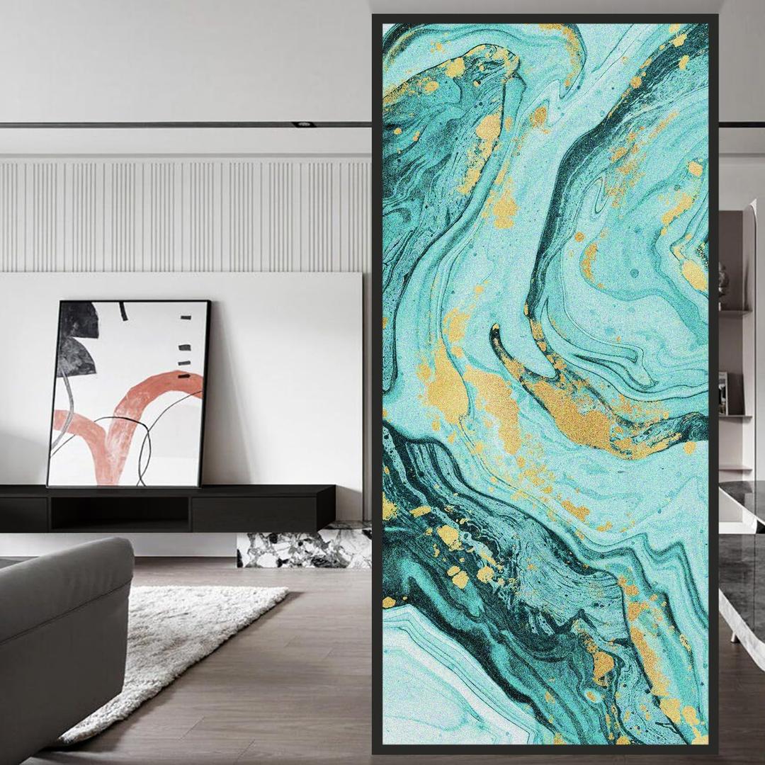 Original Hand Drawn Marble Frosted Texture Privacy Window Film, Static Cling Double-Sided Glass Covering Decor for Bathroom Living Room, Agate Teal, 16.9"x78.74"x2PCS