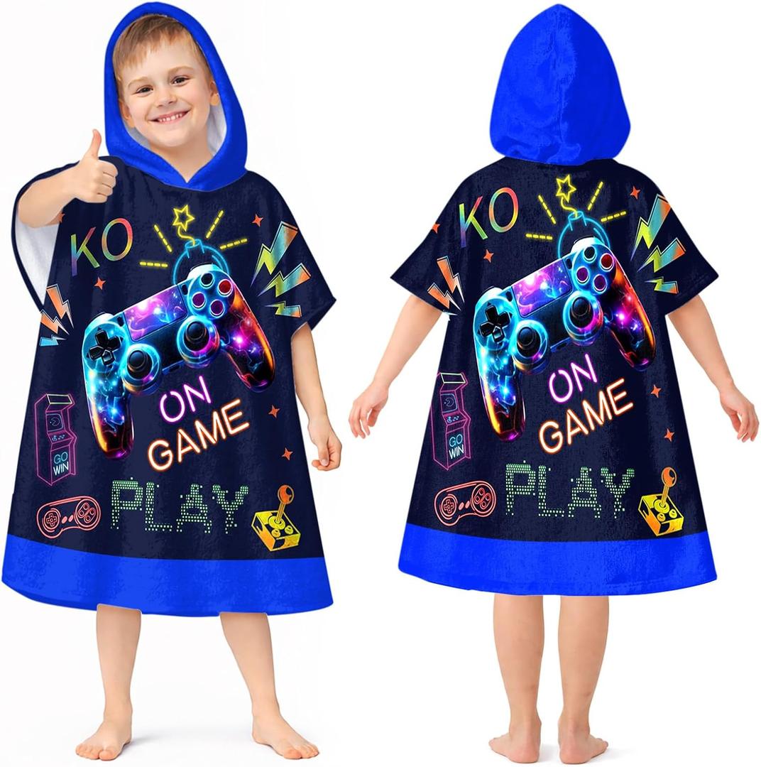 Kids Hooded Beach Towels Wrap for 4-12 Years,Cute Gamepad Theme Boys Swim Cover Up for Bathroom27"x33" Quick Dry Dark Blue Bath Towel Poncho,Perfect for Travel Vacation,Pool Party,Swimming (M-W27"xH33")