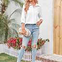 Karlywindow Womens Long Sleeve Button Down Cotton Linen Shirt Blouse Loose Fit Casual V-Neck Tops (White, M)