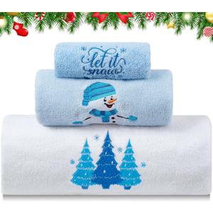 Christmas Bathroom Towels Set of 3 White Blue Xmas Tree Embroidered Soft 100% Cotton Bath Towel Little Snow Man Hand Towels for Winter Holiday Christmas Kitchen Decor Gift Dish Drying Cleaning