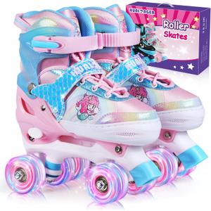 Roller Skates,4 Size Adjustable Roller Skates Kids,Light-Up Wheels and Adorable Cartoon Designs, Multiple Layers of Protection for Girls and Boys,Suitable Indoor Outdoor (Small-Little Kid, Blue & Pink)