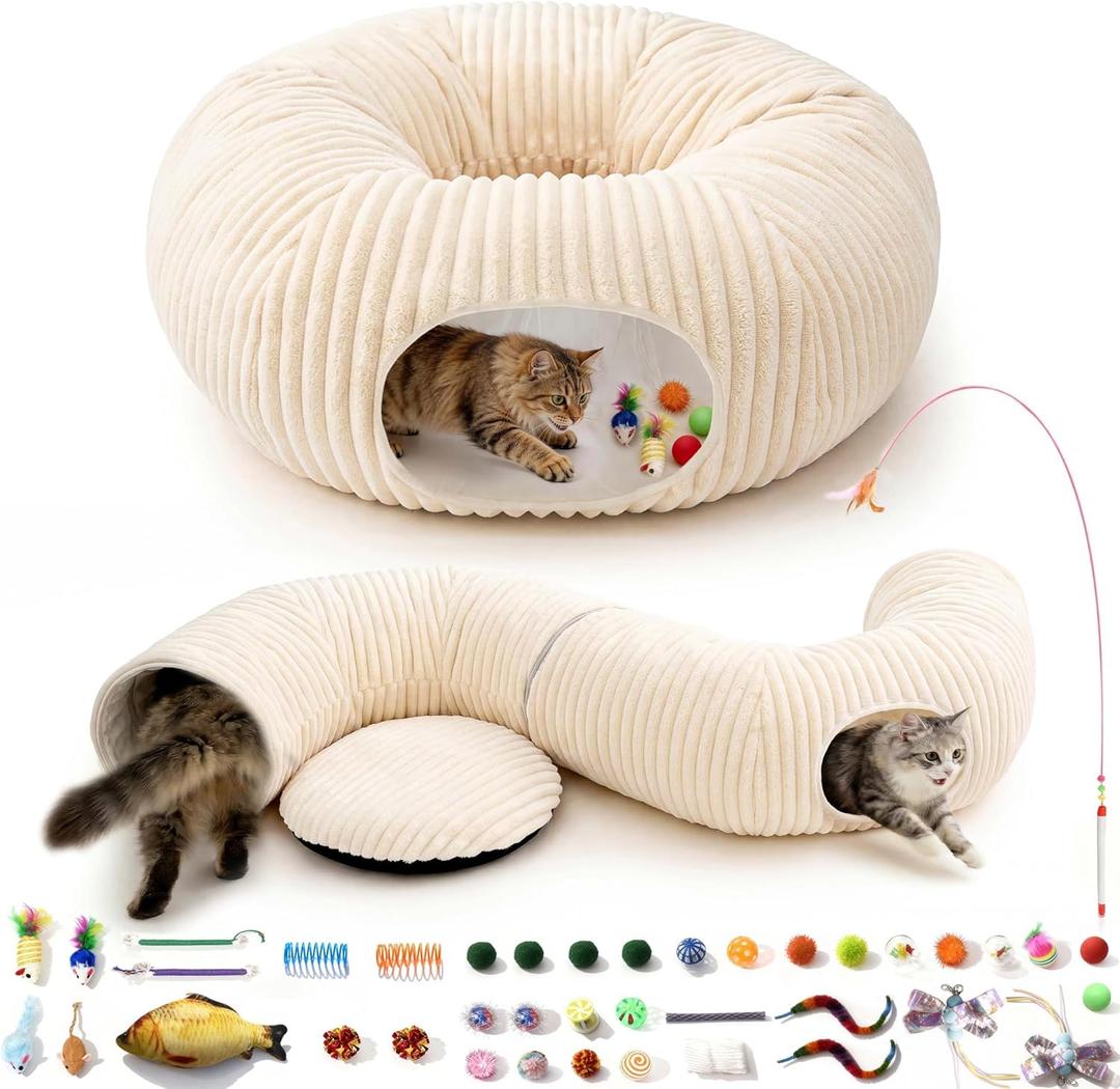 Cat Tunnel Bed with 40 Pcs Interactive Cat Toys, Cat Tube with Kitten Toys for Indoor Kittens, Collapsible Play Tunnel, White