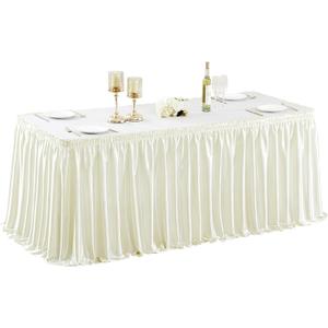 Wish Care 6ft Ivory Satin Table Skirt for Rectangle Tables Wrinkle Free Glitter Desk Skirts Pleated Ruffle Table Cloth for Wedding Birthday Baby Shower Party Banquet Cake Teacher Table Decorations