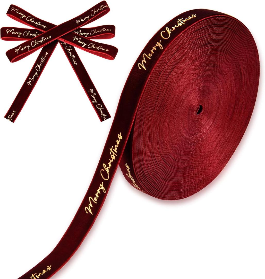 20 Yards Velvet Christmas Ribbon Roll with Gold Foil Merry Christmas Holiday Ribbon for Gift Wrapping, Xmas Tree, Crafts, Party & Home Decorations (Wine Red) (5/8 Inch)