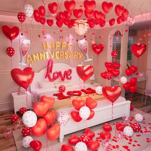Bonropin Red Valentine's Day Balloons Kit, Anniversary Decorations with Happy Anniversary Banner, Heart Balloons, Rose Petals & Glue