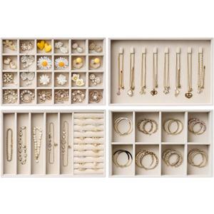 Velvet Jewelry Drawer Organizer Trays  Large Beige Stackable Jewelry Storage Inserts Set, 4-Layer Jewelry Tray Set for Earrings, Rings, Necklaces, Bracelets with Removable Dividers for Dresser,Vanity (Expanded (Magazine Size))