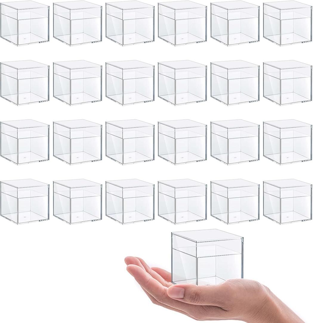 24 Pack 2''x2''x2'' Acrylic Box with Lids for Storage Display, Acrylic Cube Containers for Halloween Storage, Christmas Ornaments, for Candy Pill, Tiny Jewelry, Cosmetics, Party Favor