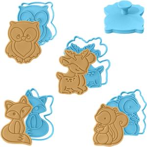 Woodland Animal Cookie Cutters Set of 4 - Animal Shaped Cookie Stamps & Cutters, Easy to Use Shaper - For Baking & Kitchen, Food Grade Material - Deer, Fox, Owl, & Squirrel - Baby Blue