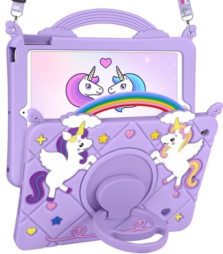 Uppuppy for iPad 9th/8th/7th Generation Case 10.2 Inch - Cute Girls Kawaii Cover Girly 3D Cartoon Teen with Rotating Stand & Strap Purple Soft Silicone Cases for iPad 7/8/9 Gen 2021 2020 2019