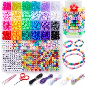 INSCRAFT 1200PCS Bracelet Making Kit, 24 Colors Pony Rainbow Kandi Beads, Friendship Bracelet Kit with Elastic Strings for Jewelry Making, Craft Gifts for Girls Adults