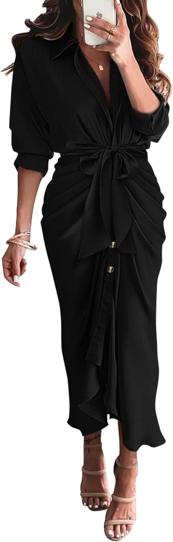 BTFBM Summer Dresses for Women 2025 Long Sleeve Lapel V Neck Button Down Elegant Belted Ruched Satin Shirt Fall Dress (X-Large, Black)