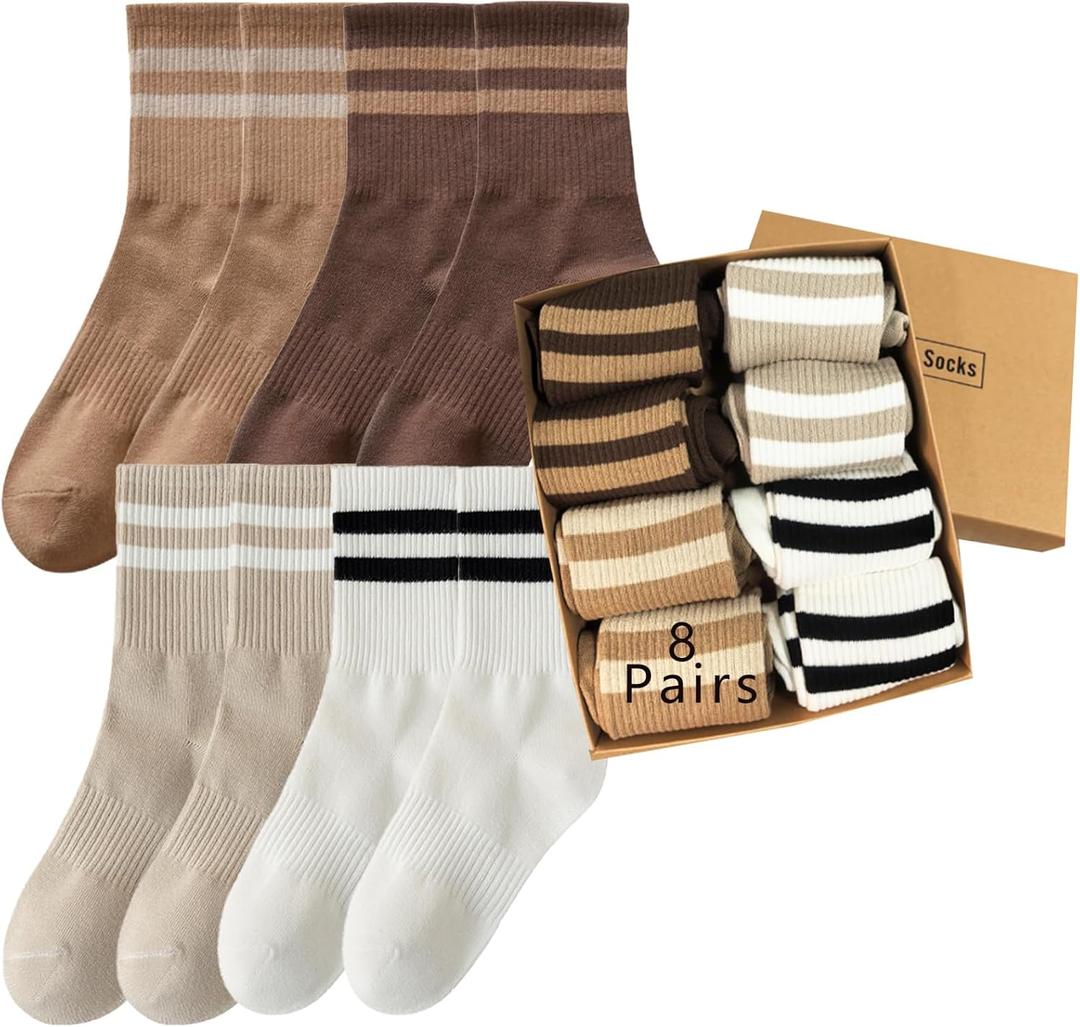 Womens Vintage Cotton Cozy Crew Socks,Striped Athletic Casual Socks for Women 8 Pairs,Gifts Box