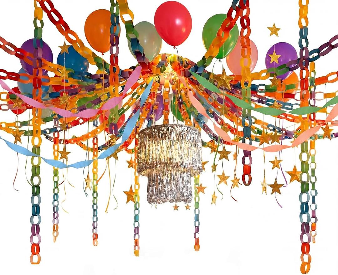 Blueweenly Fancy Princess Birthday Party Decorations Paper Chain Set Garland Strips Ceiling Party Decor Crepe Streamer Glitter Star Fringe Chandelier Balloons for Wedding Birthday(Rainbow,Small,8 Pcs)