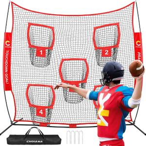 Football Throwing Net, Quarterback Training Equipment w/ 5 Target Pockets, Football Practice Training Target Net to Improve QB Throwing Accuracy, w/Carry Bag & Stakes for Kids Adults, Red