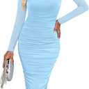 PRETTYGARDEN Spring Wedding Guest Dresses for Women 2026 Fall Ruched Midi Long Sleeve Formal Cocktail Bodycon Dress (Medium, Light Blue)