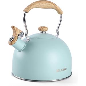 Tea Kettle, BELANKO 85 OZ / 2.5 Liter Whistling Tea Kettle, Tea Pots for Stove Top Food Grade Stainless Steel with Wood Pattern Folding Handle, Loud Whistle Kettle for Tea, Coffee, Milk - Turquoise